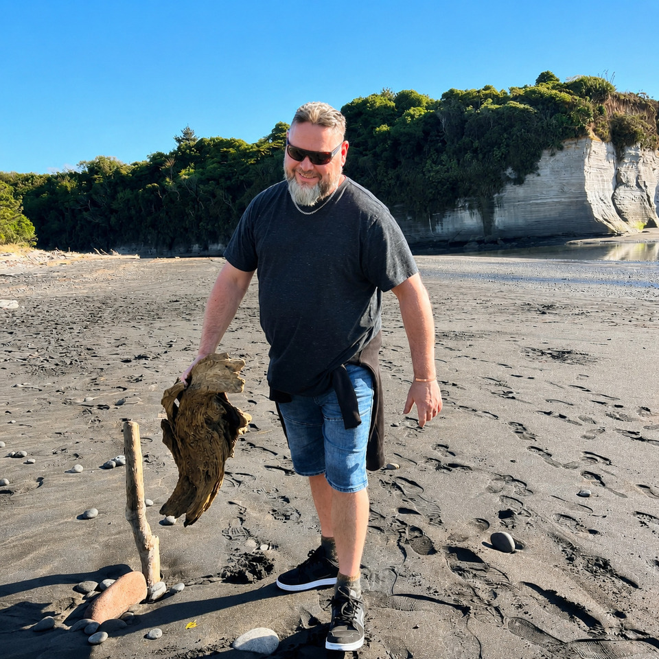 Dallas Corp collecting characterful driftwood on the Taranaki coast