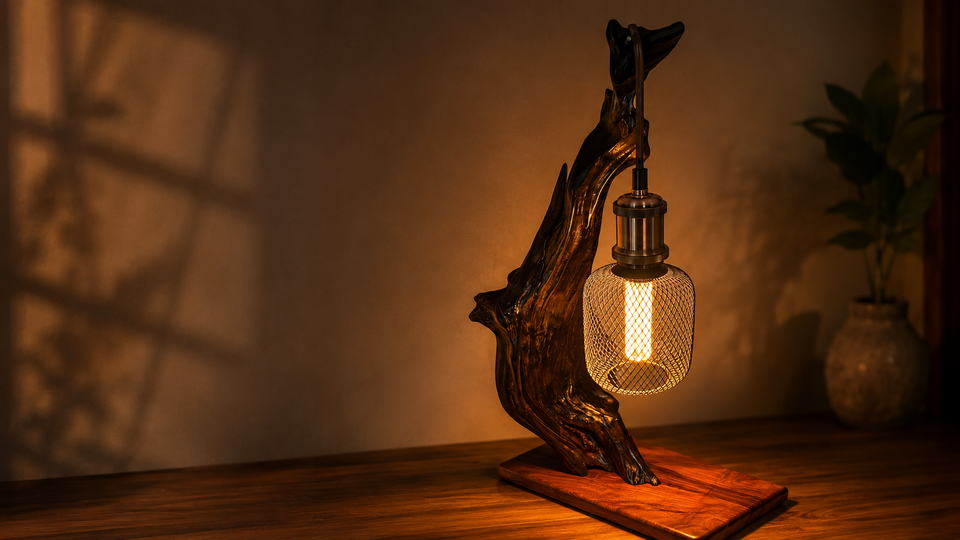 Handcrafted driftwood lamp by Taranaki wood artist Dallas Corp of DJCartistry